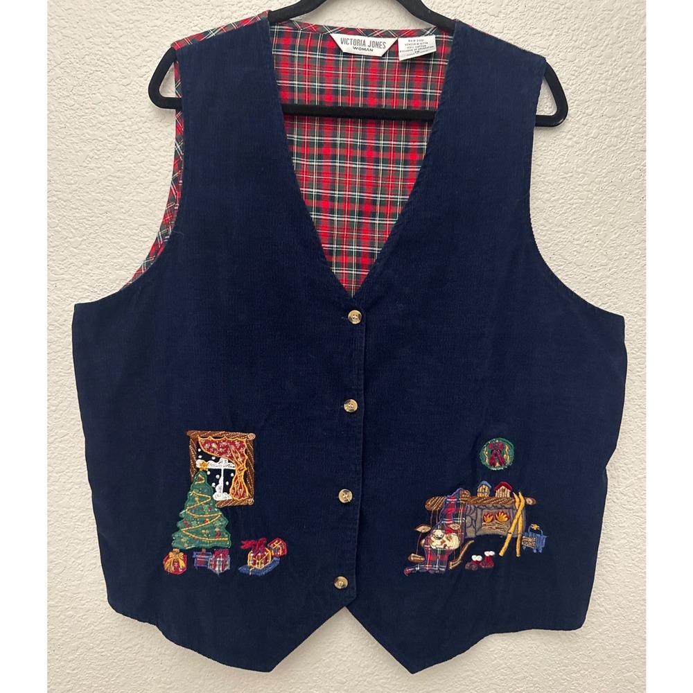 Victoria Jones Vest Navy Blue Corduroy Christmas Plaid Embroidered Size 1X